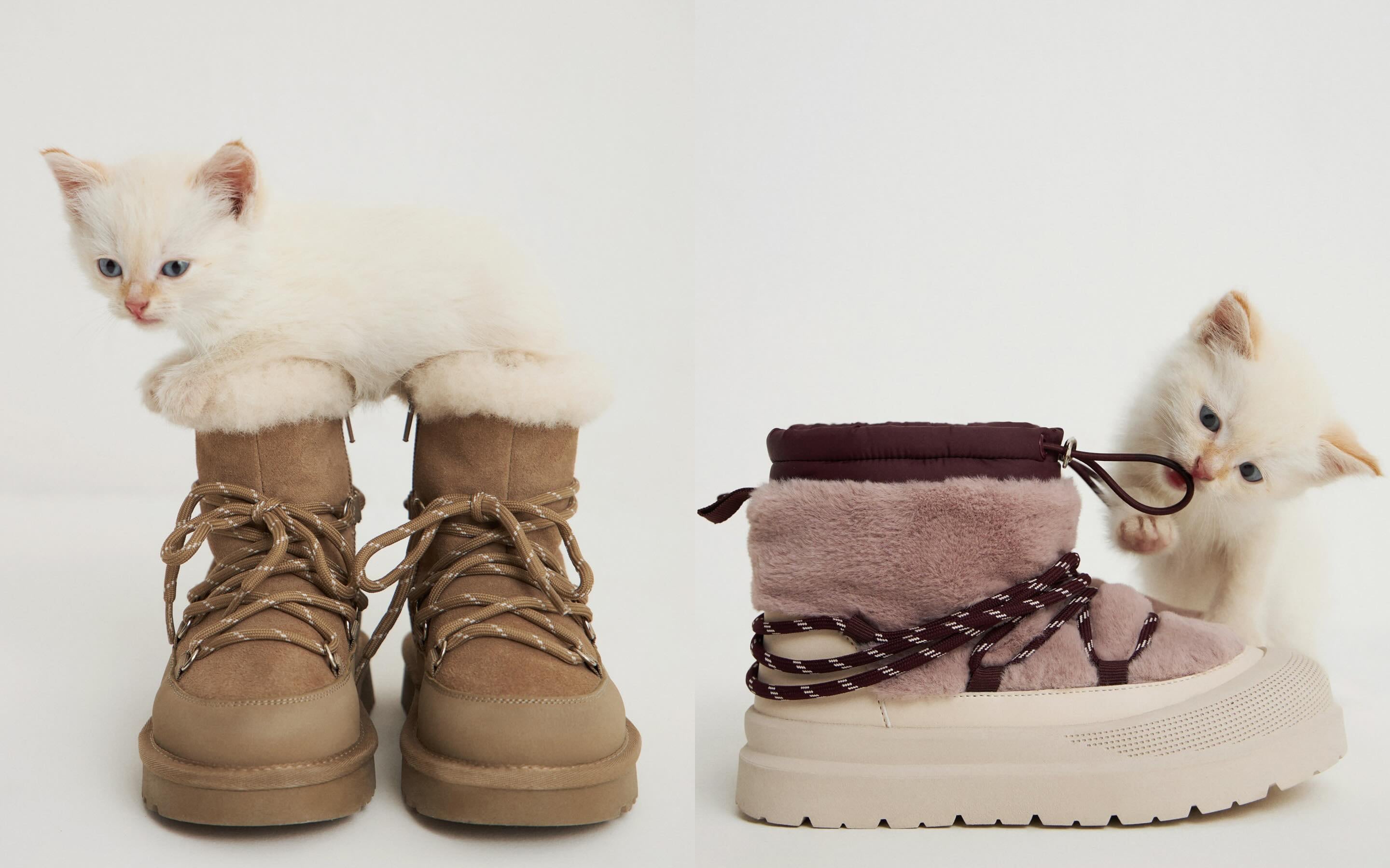 Two fluffy kittens play with and sit on winter boots in neutral tones.