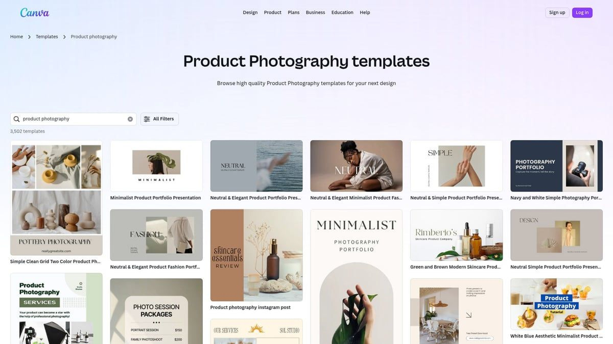 Canva library displaying product photography templates for branding and e-commerce visuals.