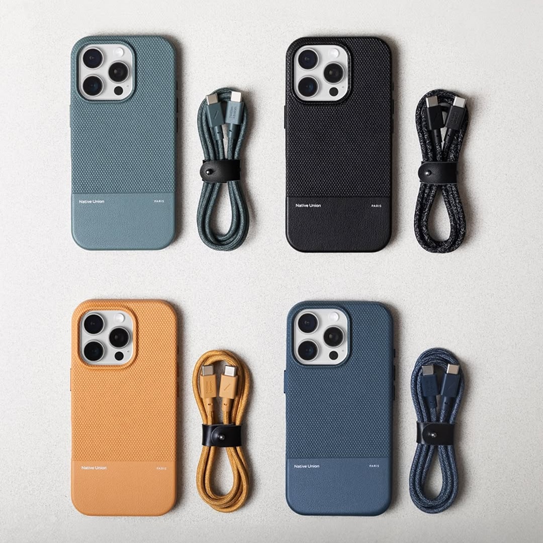Four textured phone cases with matching braided charging cables arranged in a grid on a neutral background.